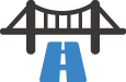 Blue and black icon of a bridge and highway