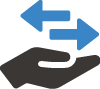 Black and blue icon of a hand with arrows at the top going opposite directions