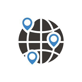 Black and blue globe icon with location pins on it