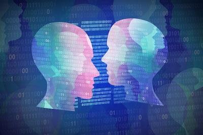 Two Ai faces, facing each other with computer numbers in the background